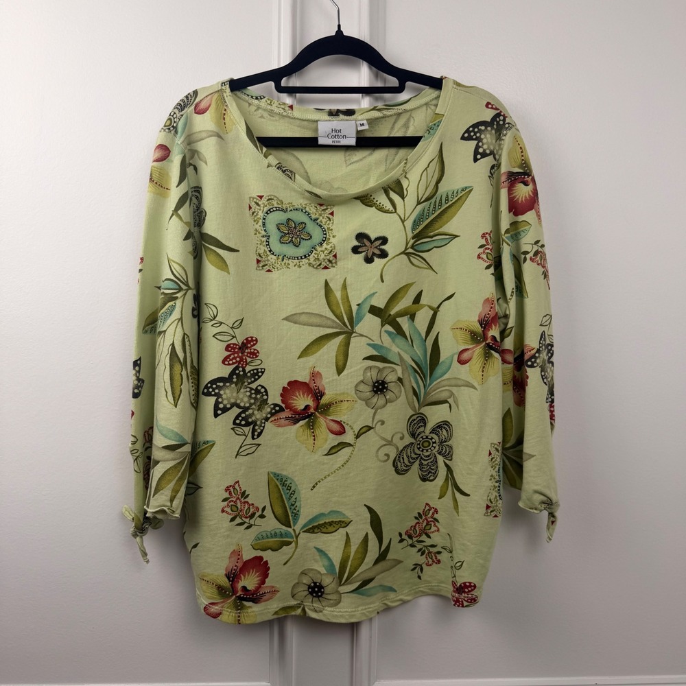 Hot Cotton Petite Lime Green Tropical Floral‎ Print Tie Sleeve Top Medium